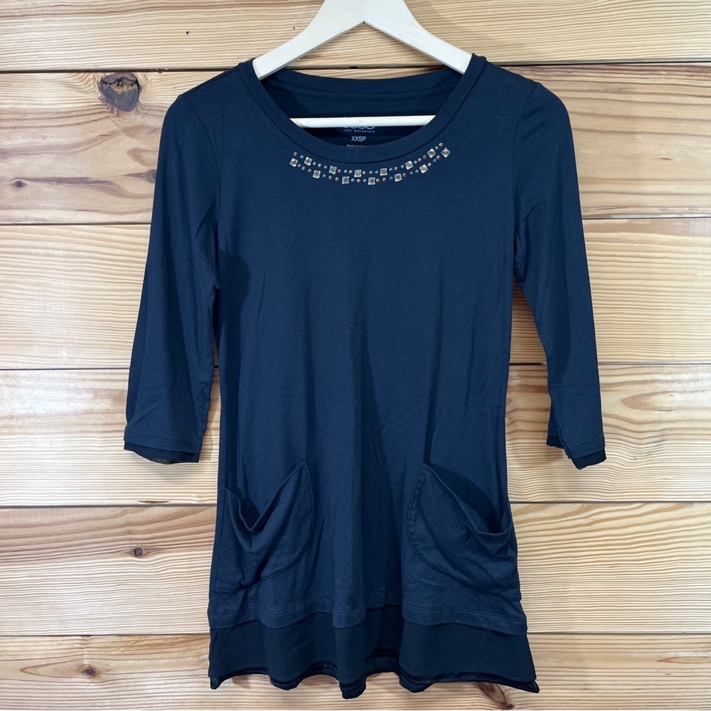 LOGO Lori Goldstein Shirt XXSP Petite Black Swing Satin Chiffon Trim Jewels